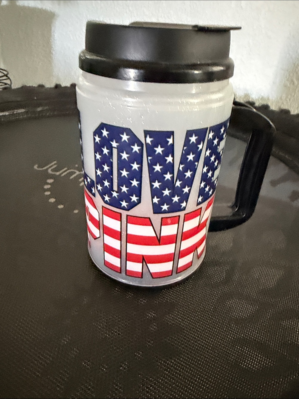 PINK Victoria's Secret White Travel Mug with Red, White & Blue Flag Design